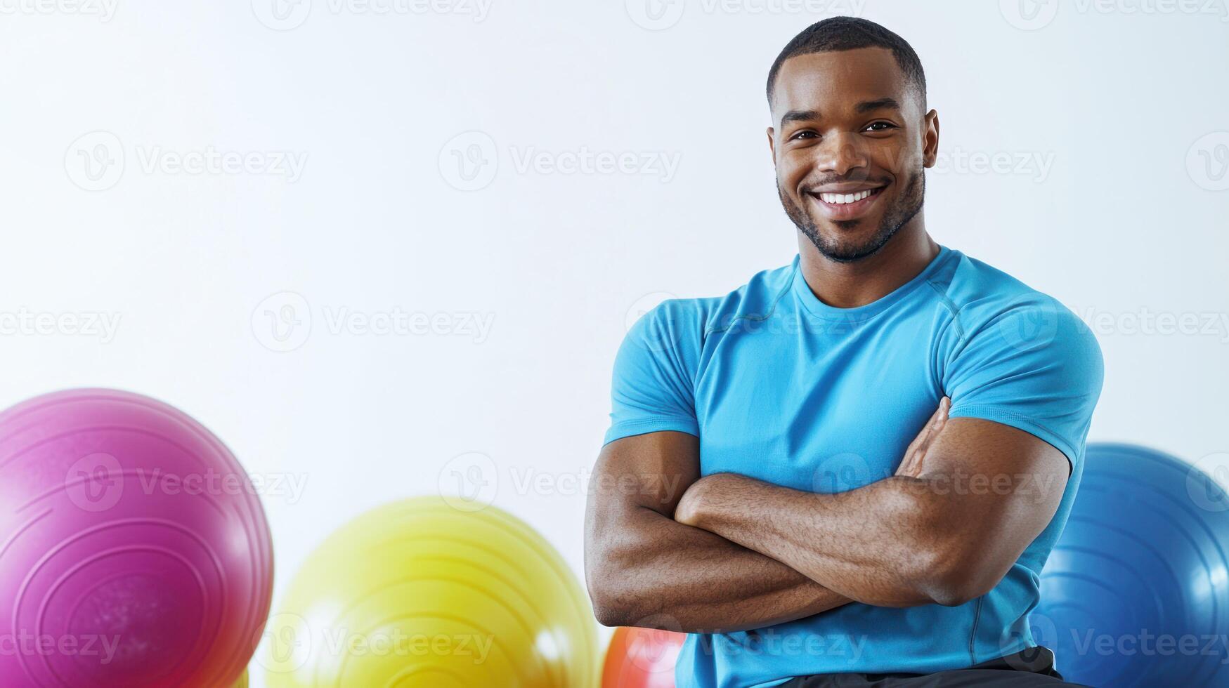 A smiling man in a blue shirt standing in front of a white wall with exercise balls. photo