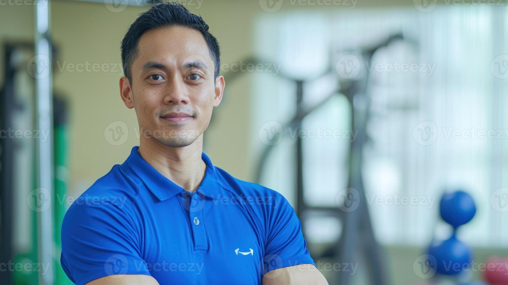 A man in a blue shirt standing in a gym with exercise equipment in the background. photo