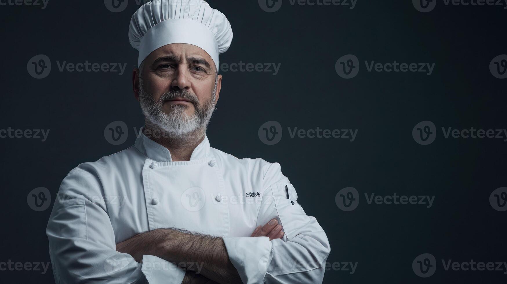 A chef in a white uniform with a white hat, standing against a dark background with his arms crossed. photo