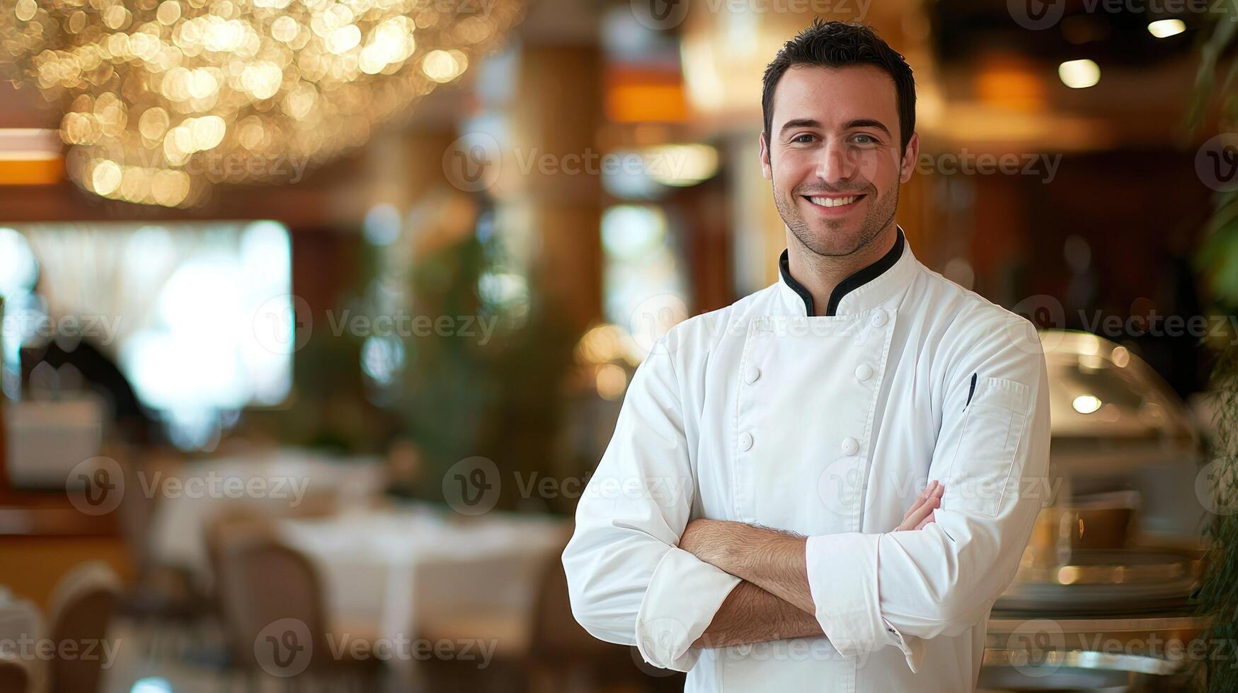 A smiling chef in a white uniform standing in a restaurant kitchen with a blurred background. photo