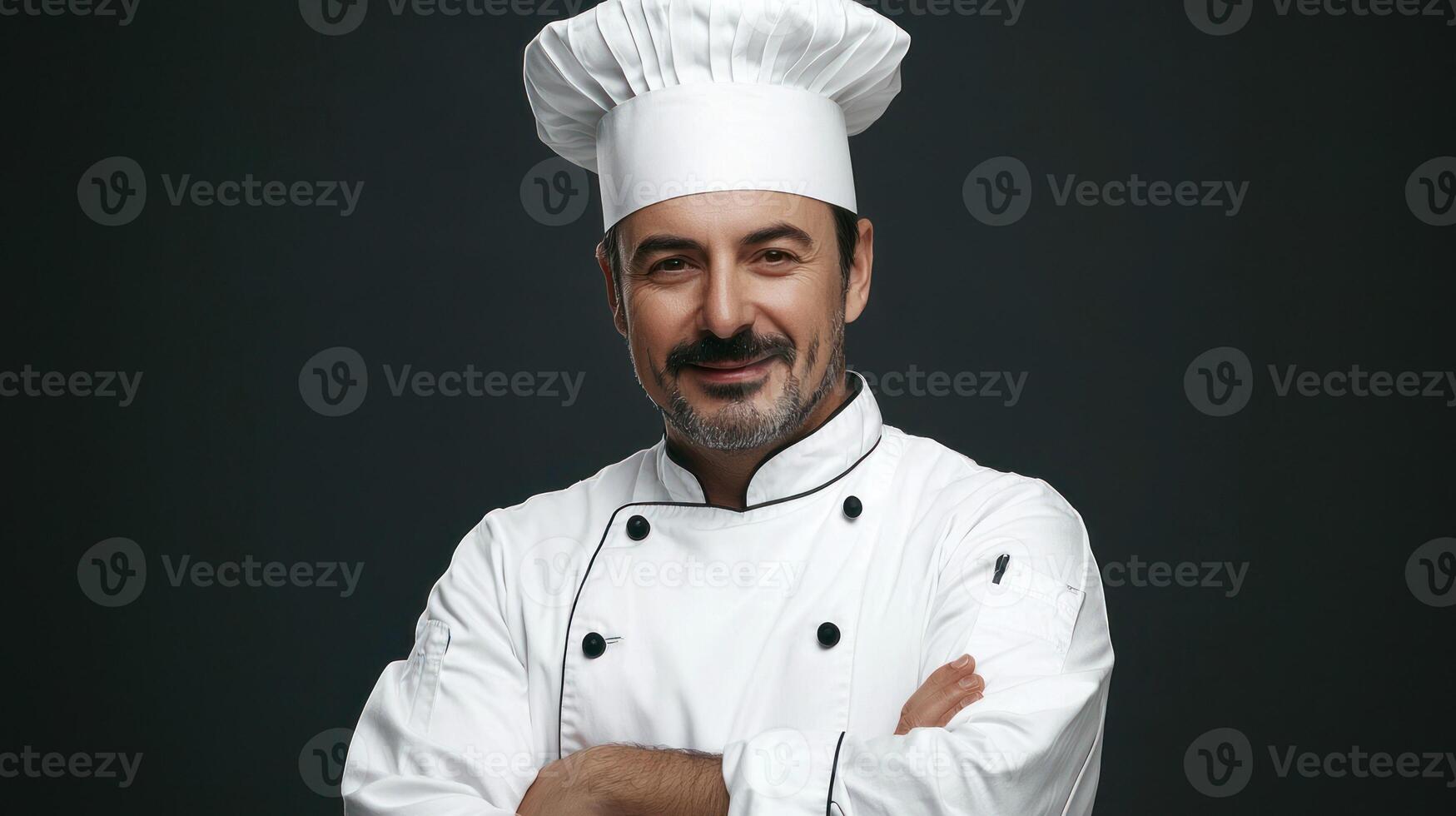 A smiling chef in a white uniform with a hat, standing against a dark background with his arms crossed. photo