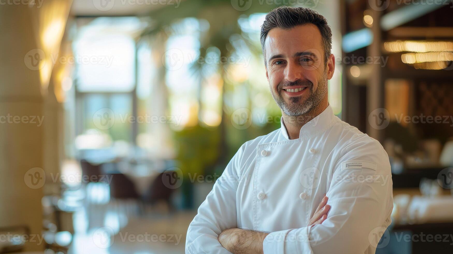A smiling chef in a white uniform standing in a restaurant kitchen with his arms crossed, wearing a black tie, in front of a blurred background with a dining table and chairs. photo