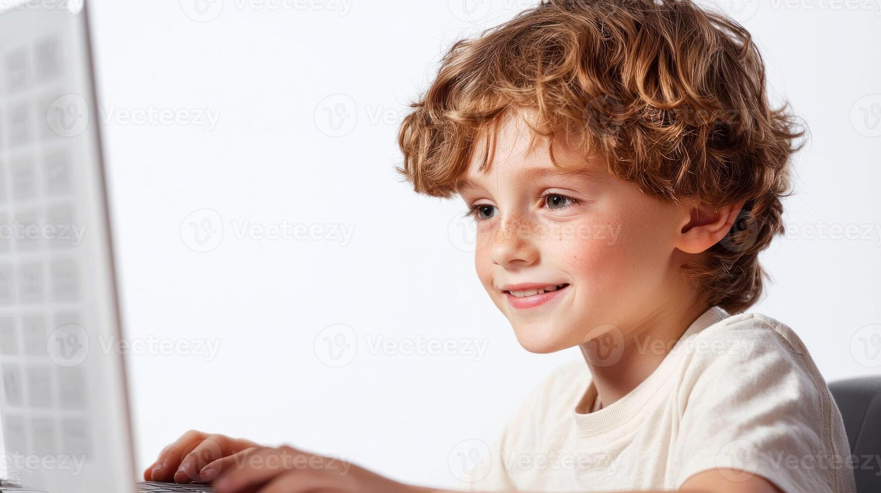 A young boy with curly hair, wearing a white shirt, is sitting in front of a laptop computer on a white background. photo