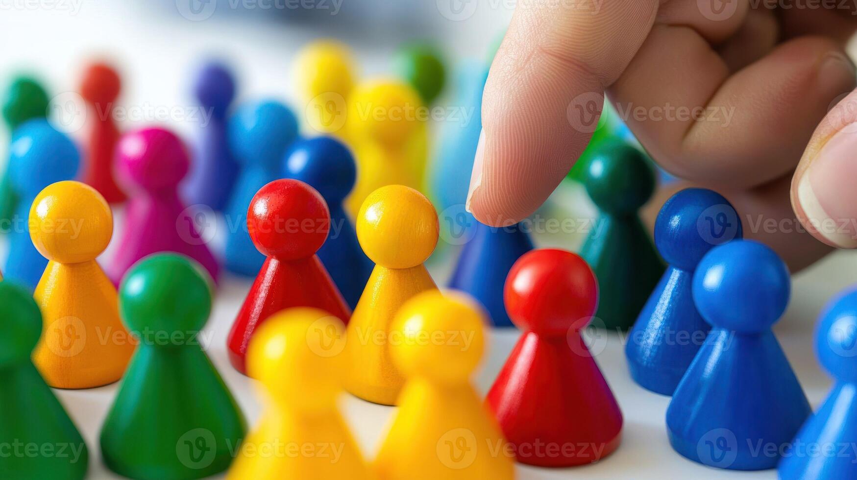 A hand pointing at a group of colorful wooden game pieces arranged in a circle on a white surface. photo