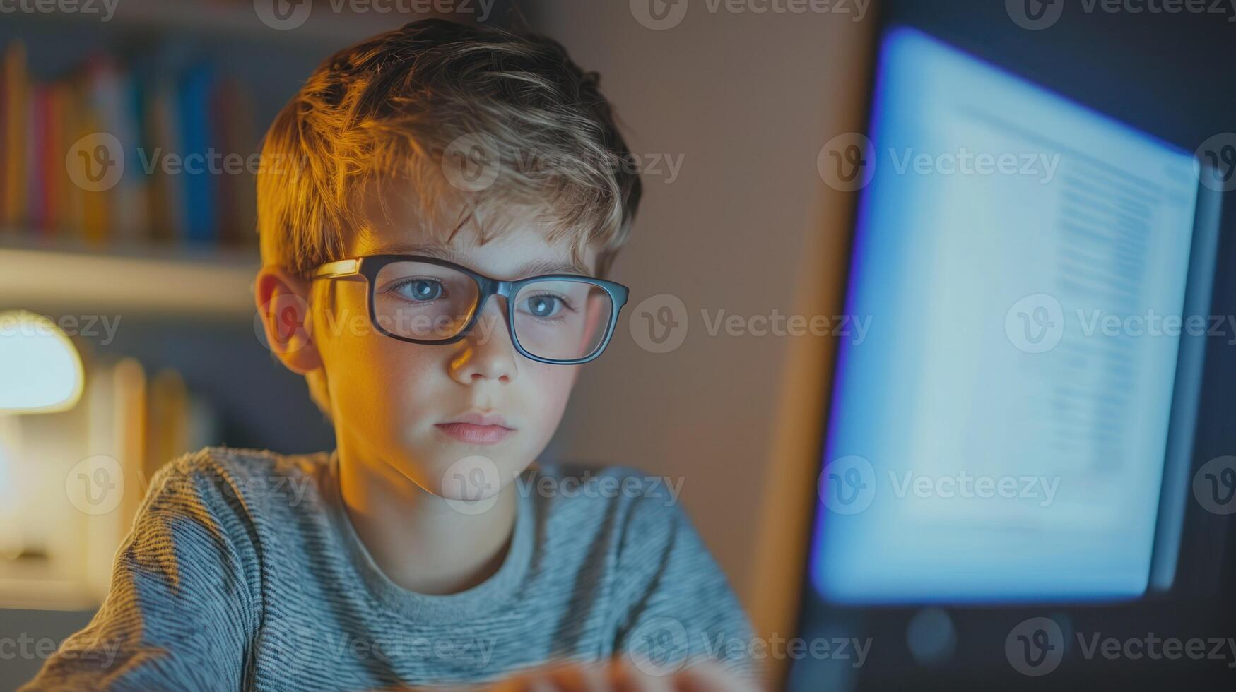 A young boy wearing glasses, sitting in front of a computer monitor, typing on a keyboard. photo