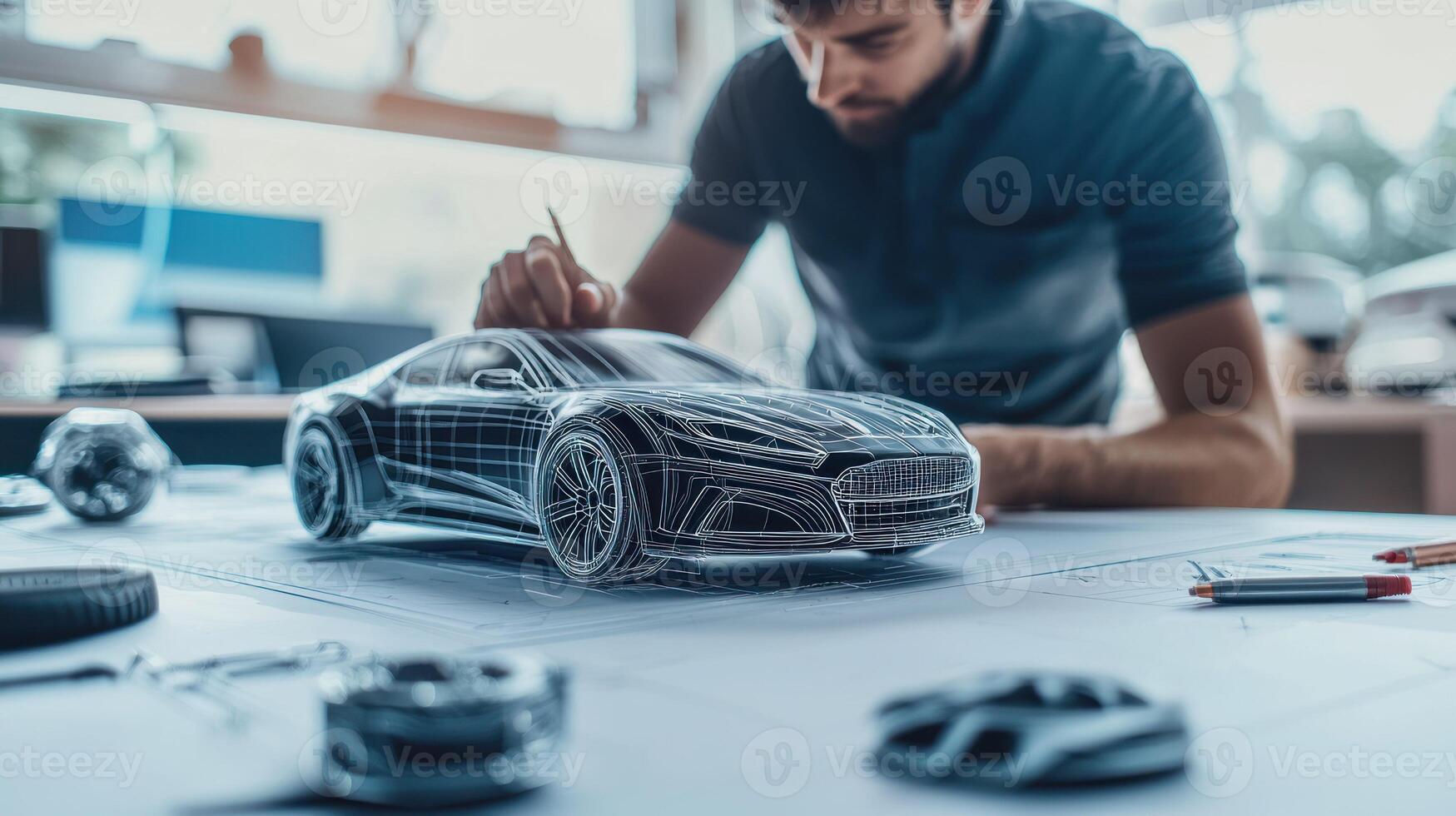 A man in a dark shirt is sketching a car on a table with a 3D model of the car in front of him. photo