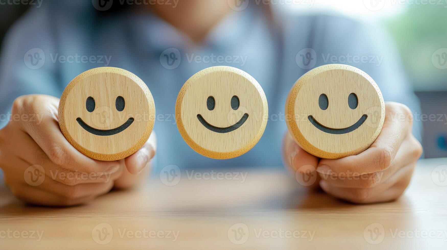 A person holding a wooden smiley face icon in their hands. photo