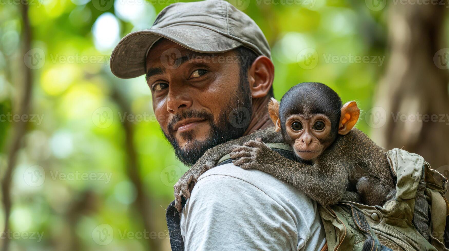 A man in a cap holding a baby monkey in a forest setting. photo