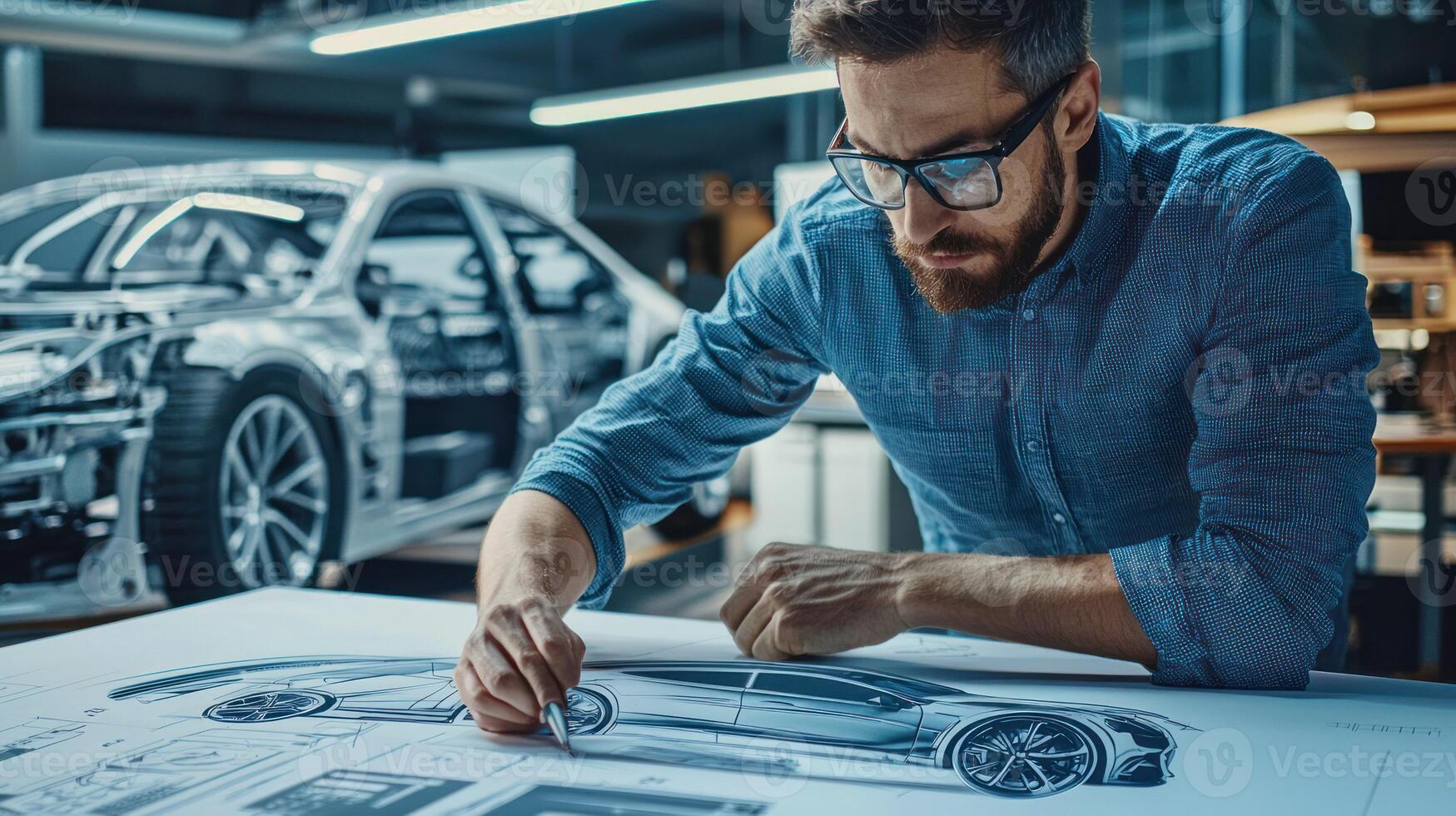 A man in a blue shirt and glasses, working on a blueprint of a car in a workshop with a car in the background. photo