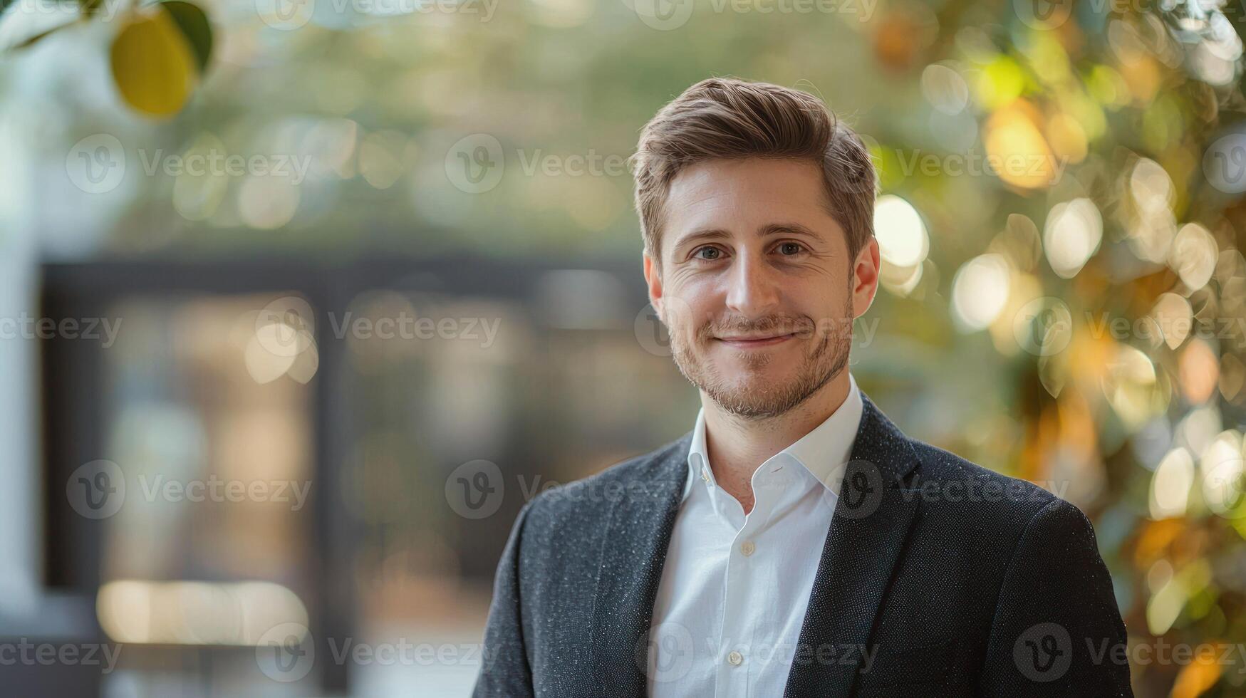 A man in a suit standing in front of a blurred background with green foliage. photo