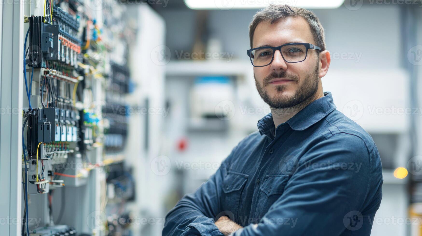 A male engineer wearing glasses stands in a control room with a panel of electrical equipment in the background. photo