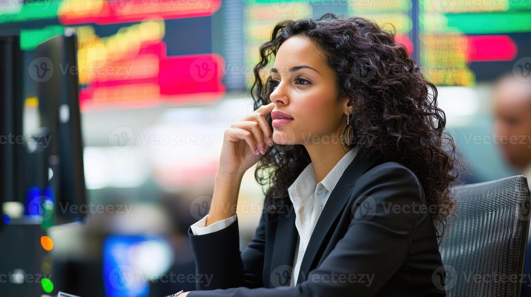 A young woman in a black suit, seated at a desk in a busy office environment, surrounded by multiple computer monitors displaying financial data and charts. photo