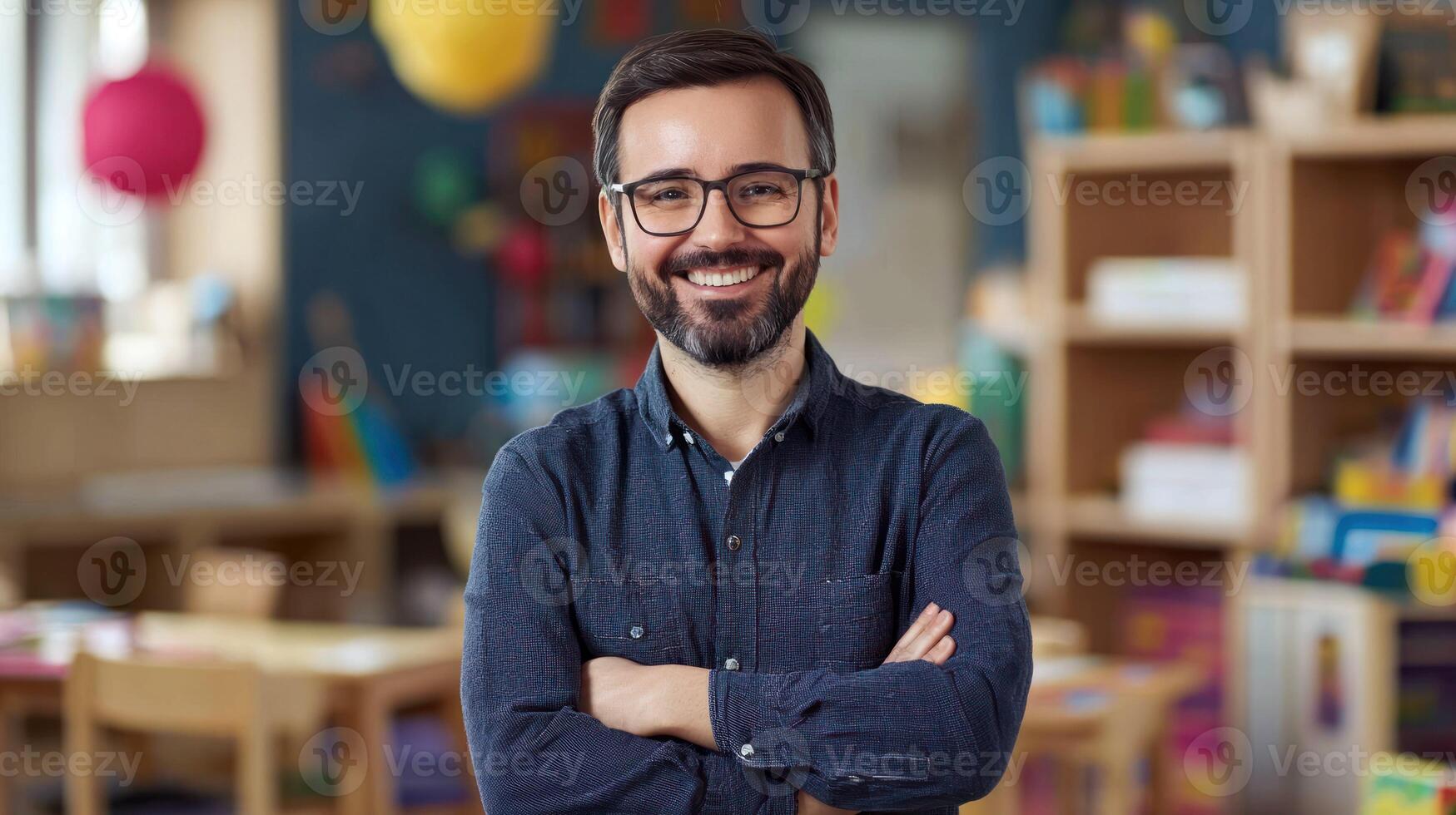 A smiling man with glasses standing in a classroom with balloons and books in the background. photo