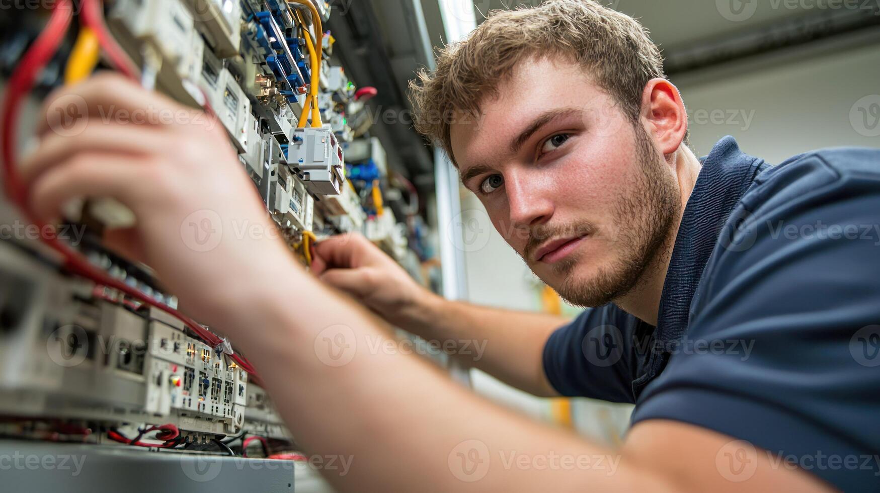 A young man in a blue shirt is working on an electrical panel in a factory setting. photo