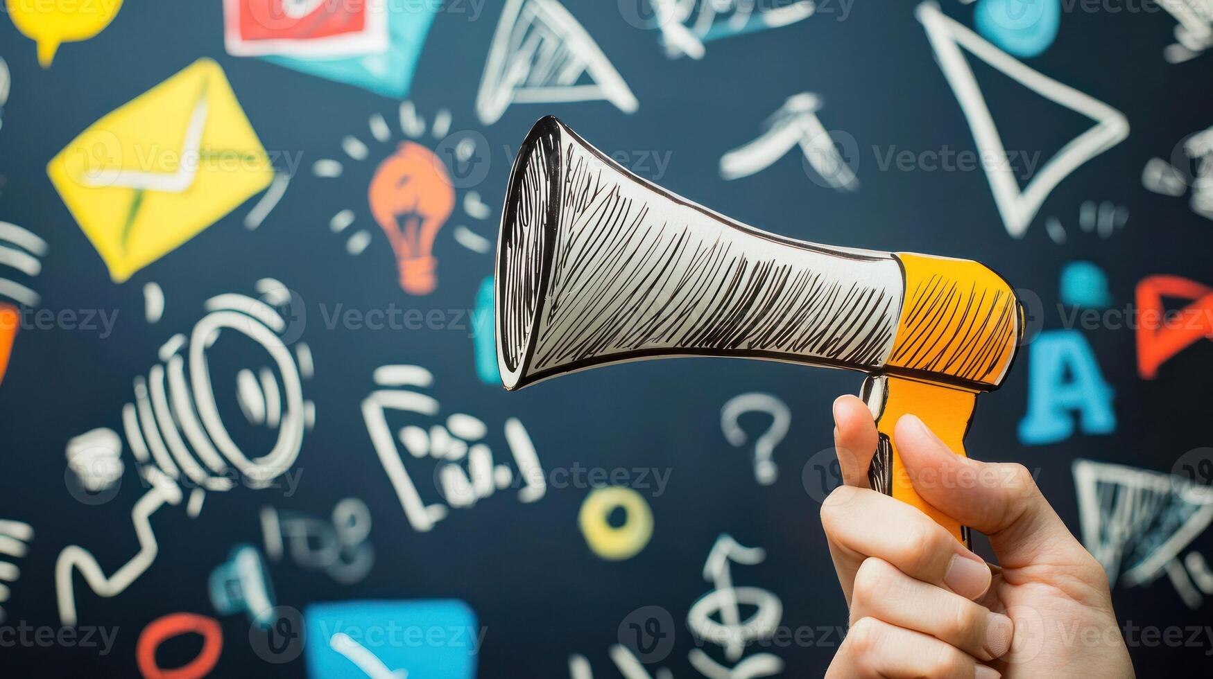 A hand holding a megaphone with a colorful chalkboard background filled with various doodles and icons. photo