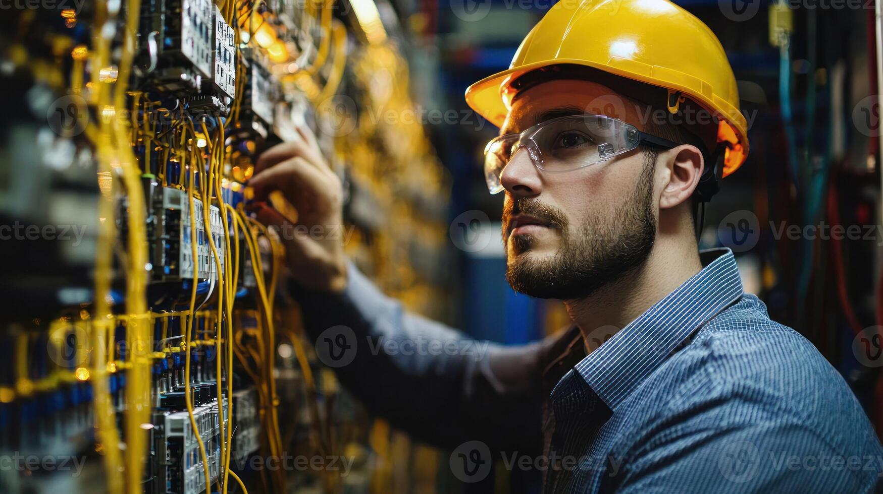 A man in a yellow hard hat and safety glasses, working on a server rack in a data center. photo