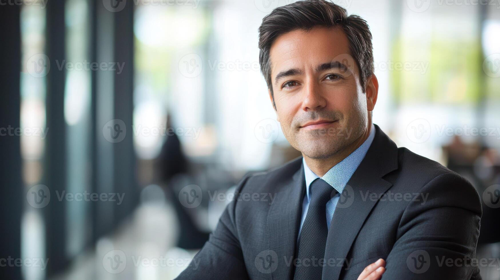 A confident businessman in a suit and tie, with arms crossed, standing in an office setting with a blurred background. photo