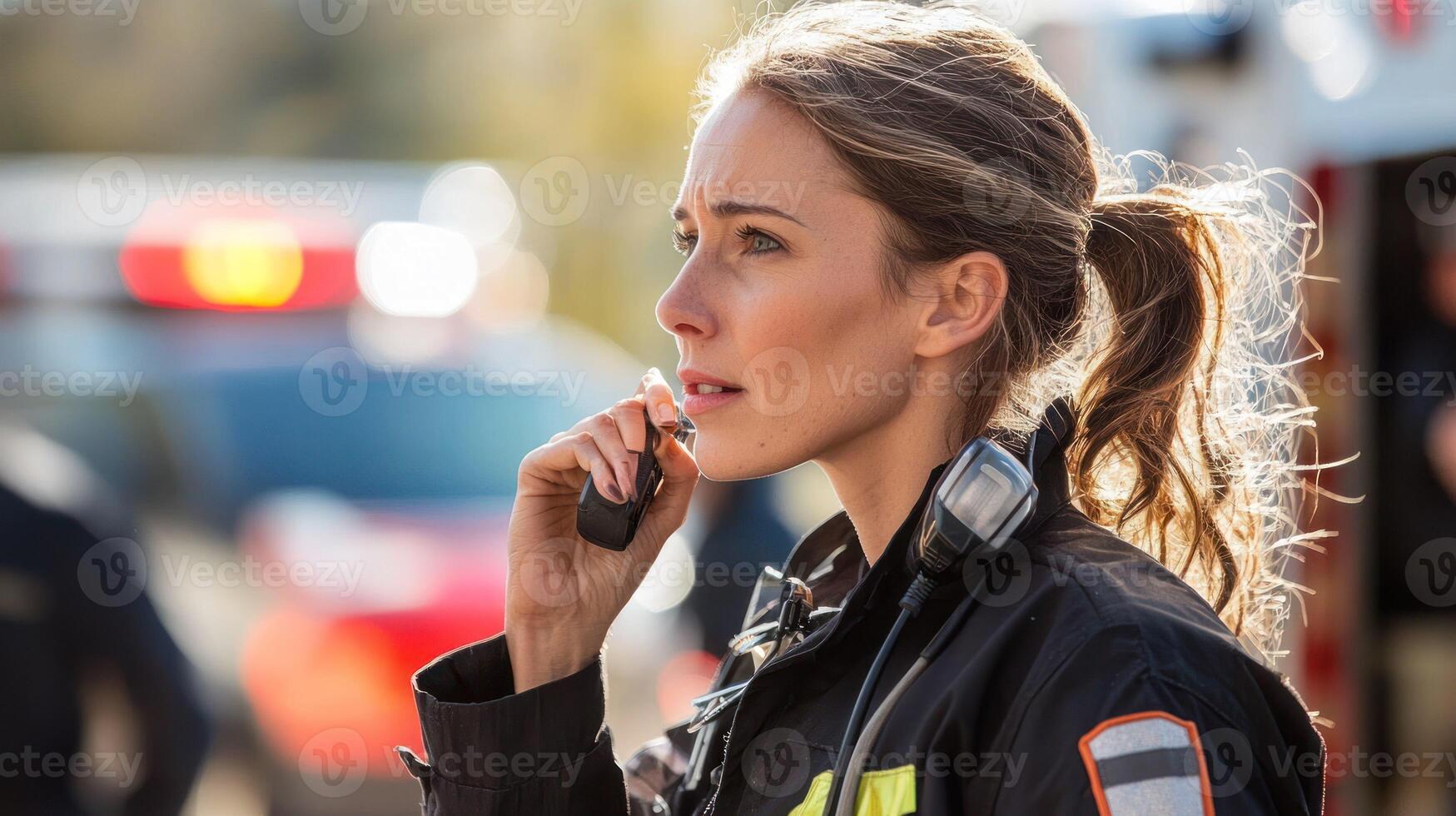 A female firefighter talking on a radio, wearing a helmet and uniform, standing in front of a fire truck and emergency vehicles. photo