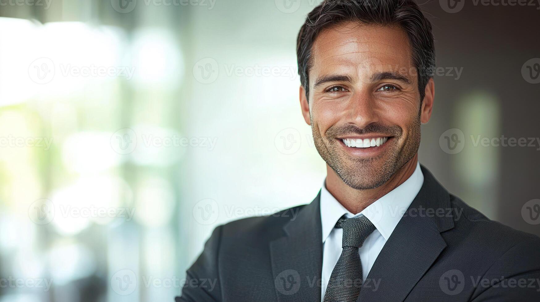 A confident businessman in a suit and tie, smiling warmly, with a blurred background. photo