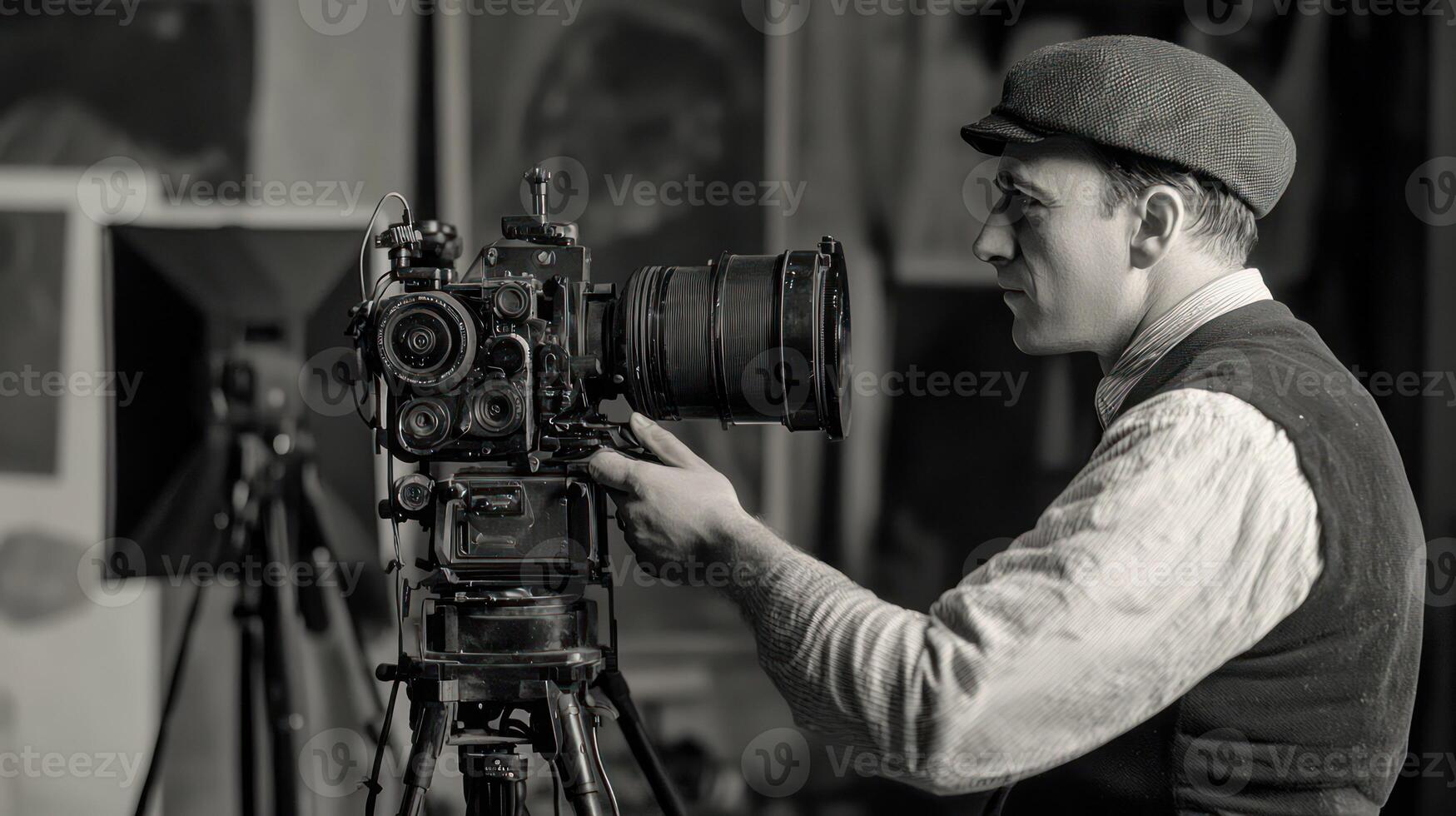 A man in a hat and vest, holding a large camera, standing in front of a large screen with a film camera in the background. photo