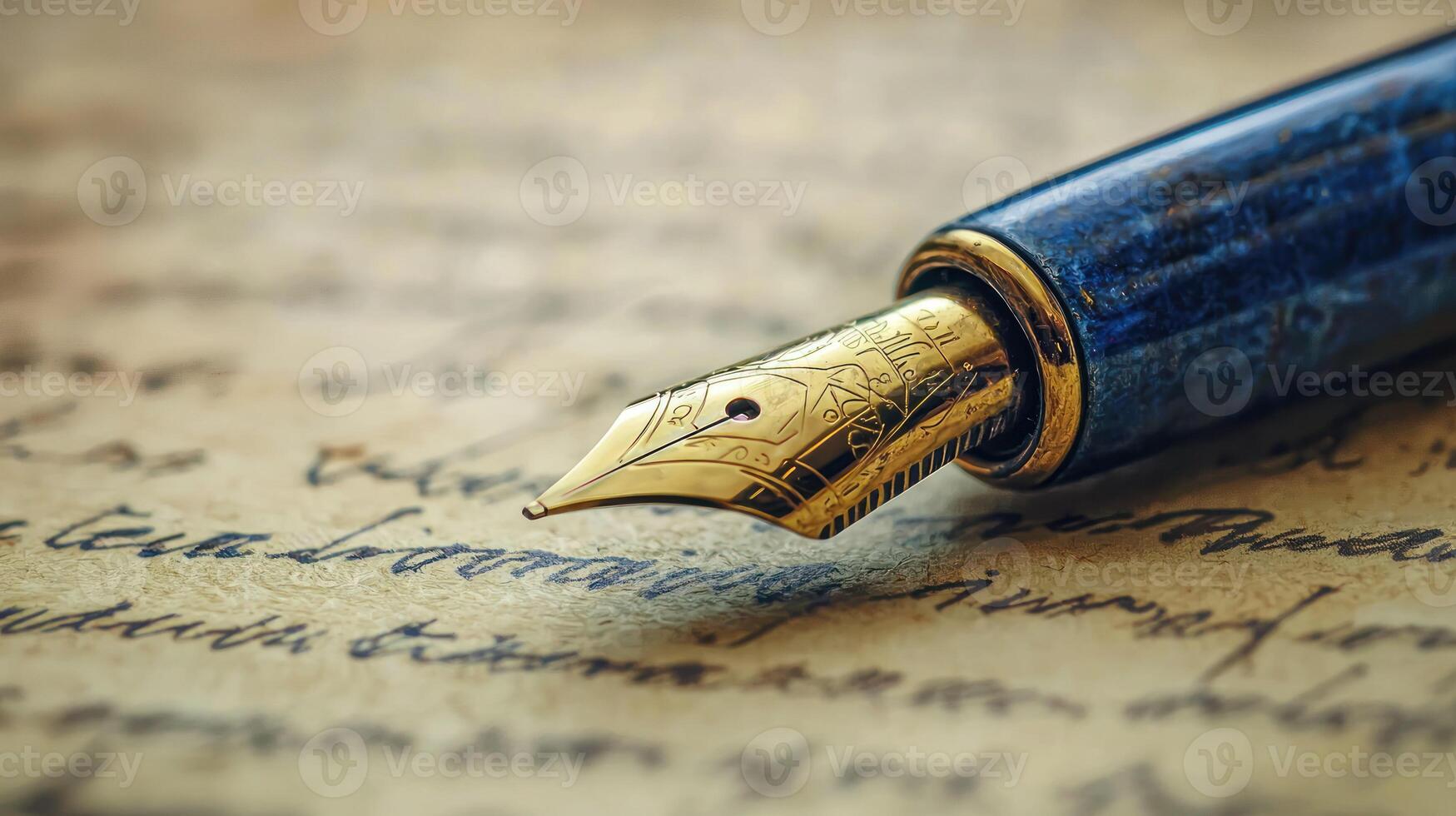 A vintage fountain pen with a blue and gold nib resting on a handwritten letter with cursive writing. photo