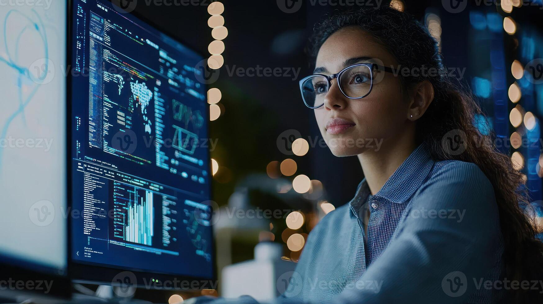 A young woman wearing glasses, seated at a desk with a computer monitor in front of her, surrounded by a dimly lit office environment with a bokeh effect of lights in the background. photo