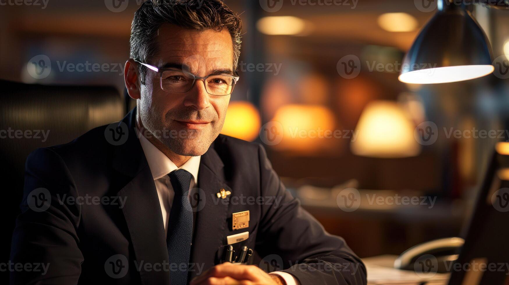 A man in a suit sitting at a desk in a dimly lit office with a laptop and a lamp. photo