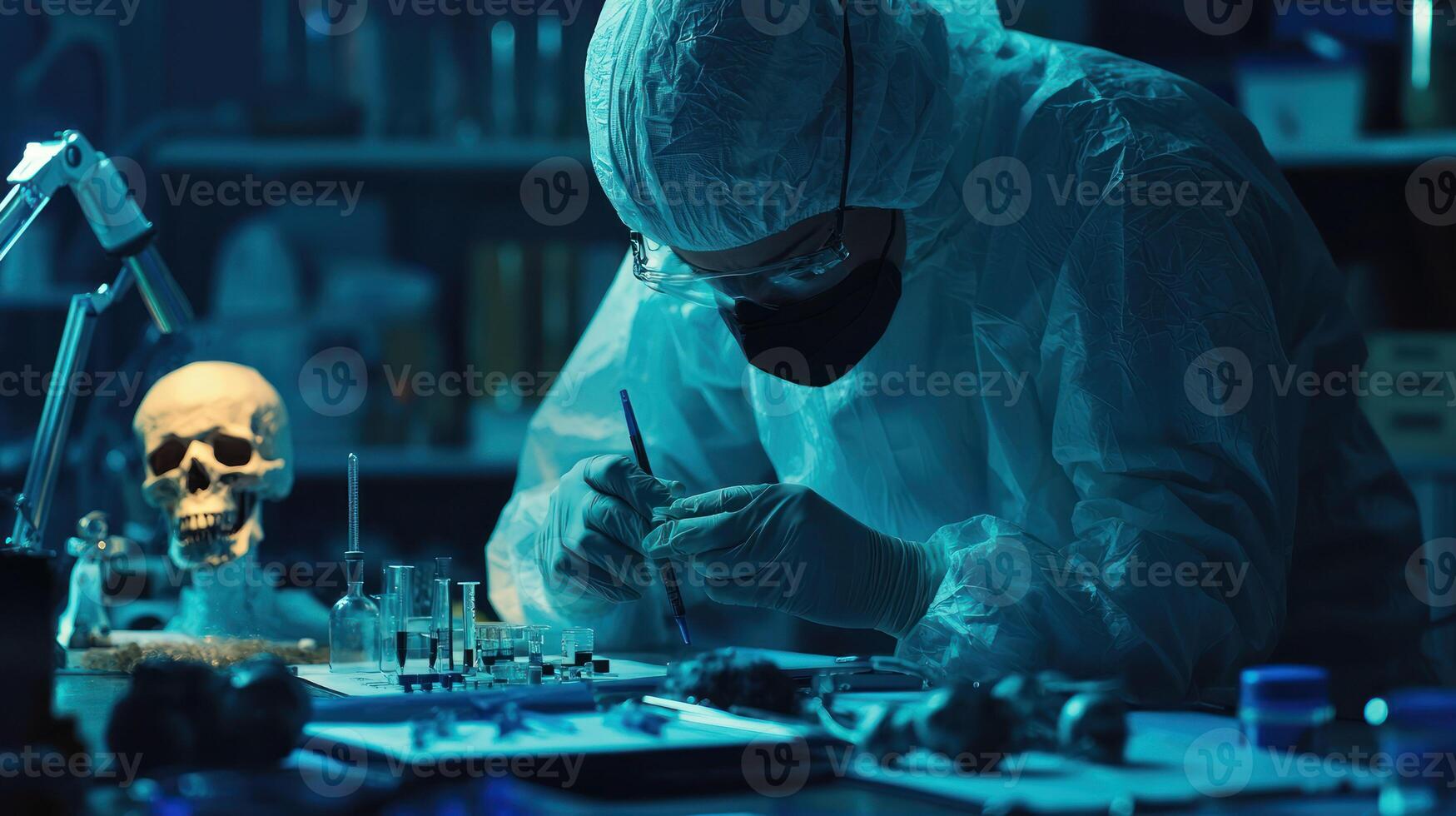 A forensic scientist in a lab coat and protective gear, working with a skull and bones in a dimly lit laboratory with blue and green lighting. photo