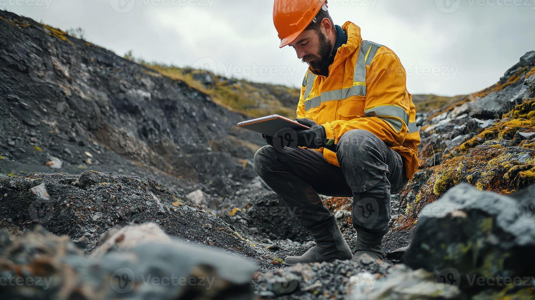 A man in a yellow jacket and orange hard hat kneeling on a rocky terrain, using a tablet computer. photo