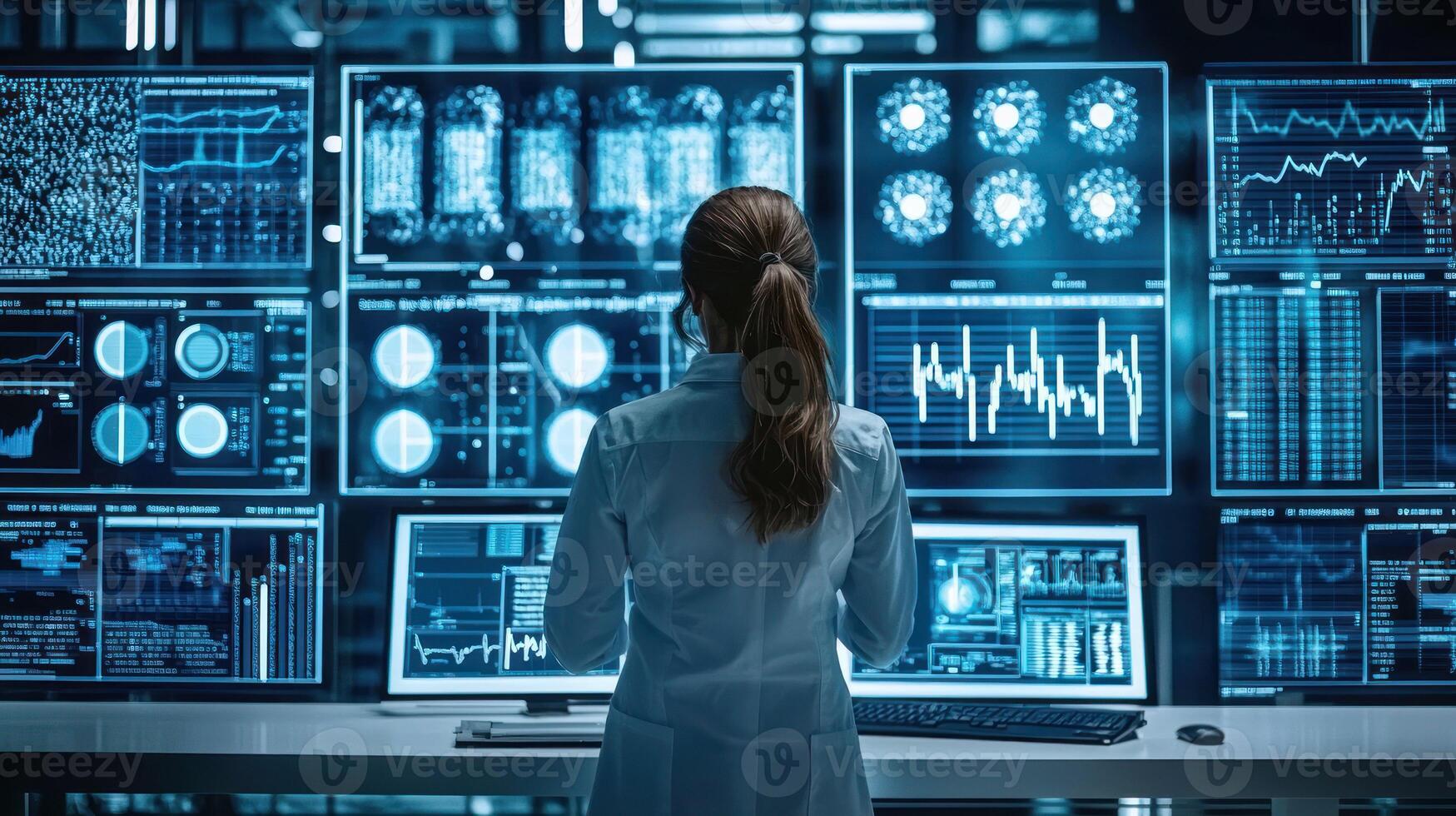 A woman in a lab coat standing in front of a large screen displaying scientific data and charts. photo