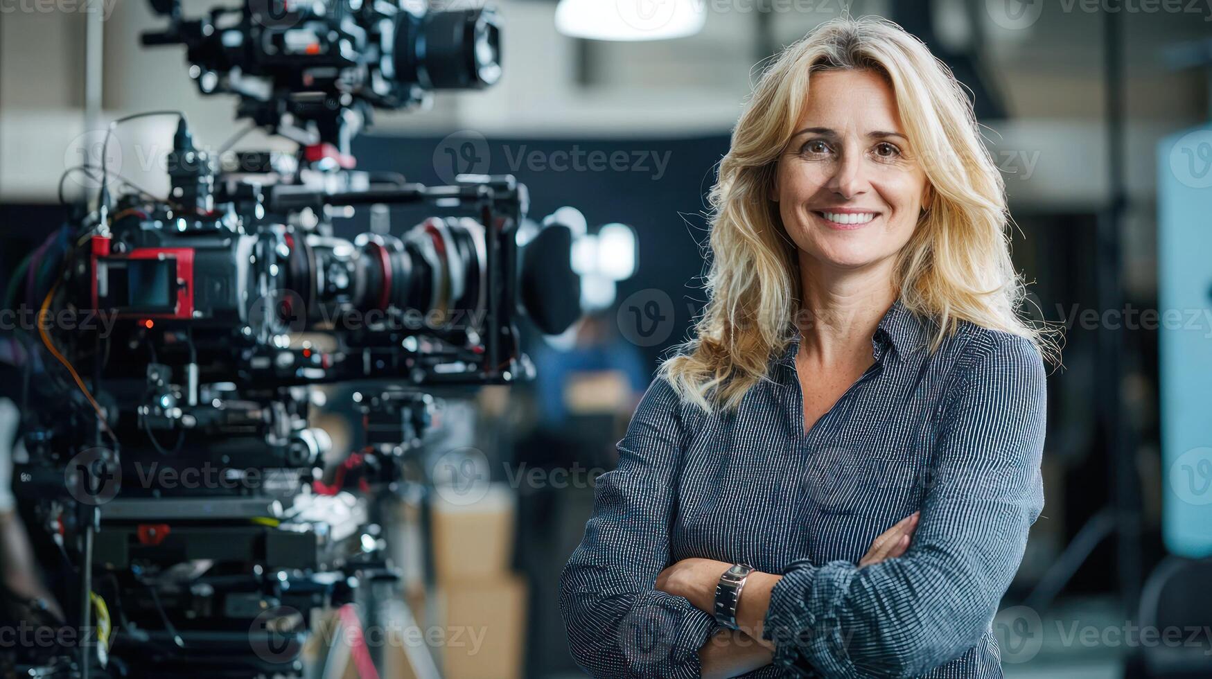 A woman with blonde hair standing in front of a camera in a studio with a blurred background. photo