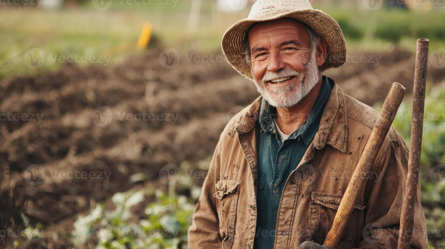 A smiling man in a straw hat holding a wooden stick in a garden with a freshly dug patch in the background. photo