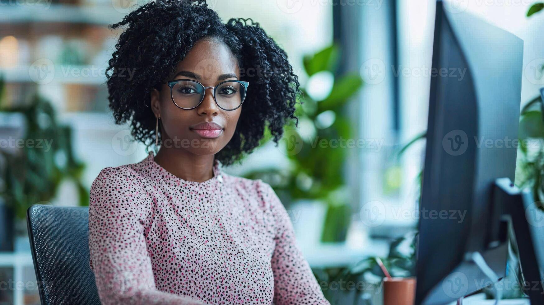 A young woman with curly hair wearing glasses, seated at a desk with a computer monitor in front of her, surrounded by green plants and a bookshelf in the background. photo