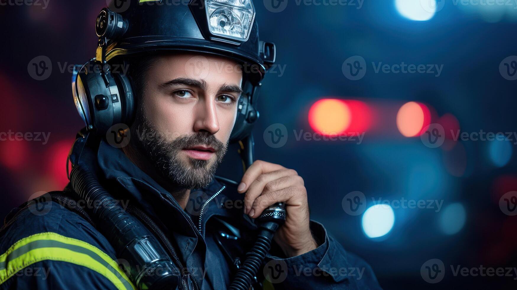 A firefighter in full gear, standing in front of a blurred background with emergency vehicles and lights in the distance. photo