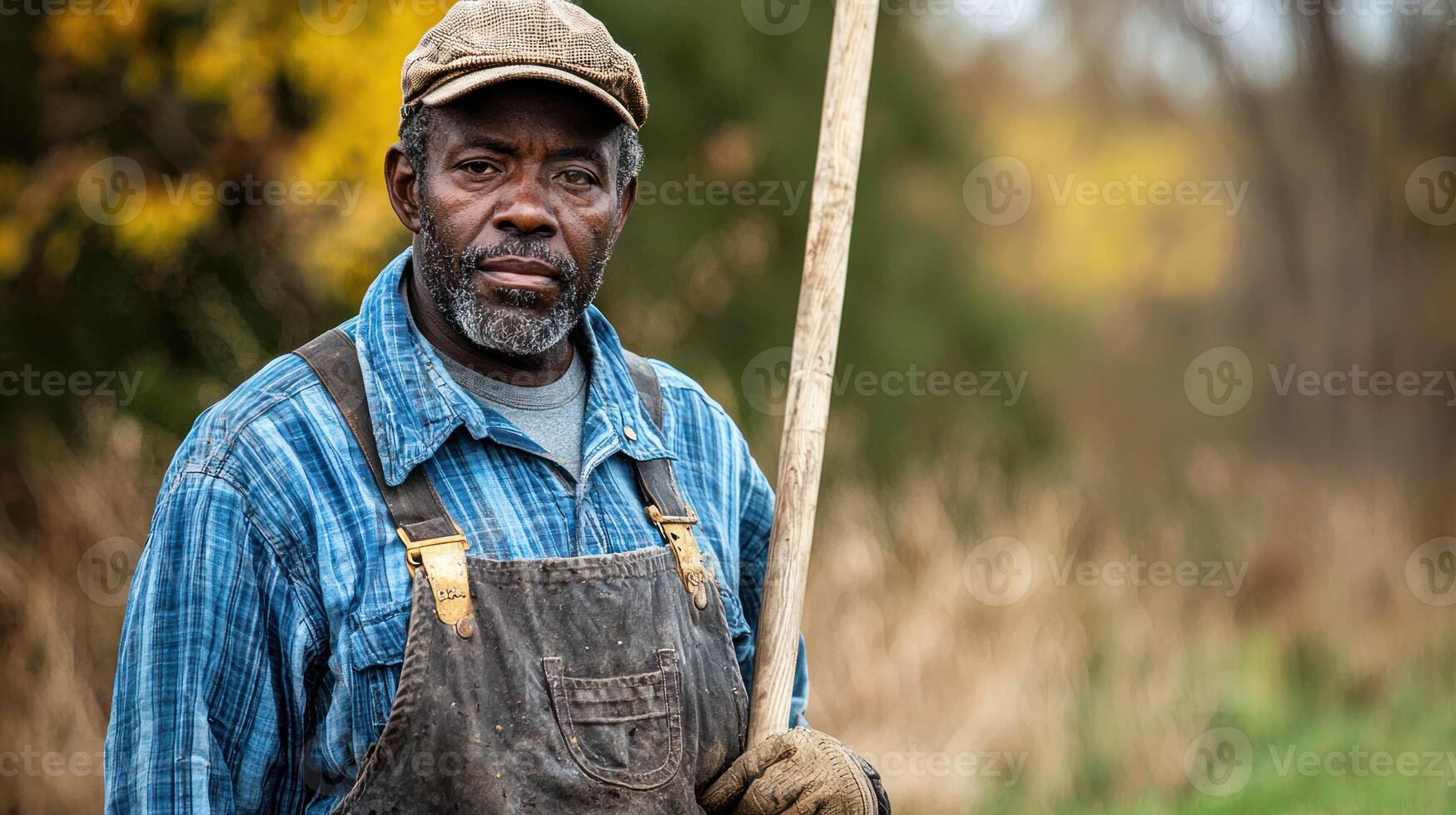 A man in a blue shirt and hat, holding a wooden rake, standing in a field with yellow and green foliage in the background. photo