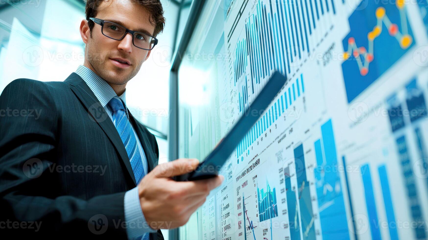 A businessman in a suit and tie, holding a tablet with a financial graph on it, standing in front of a large screen displaying financial data. photo