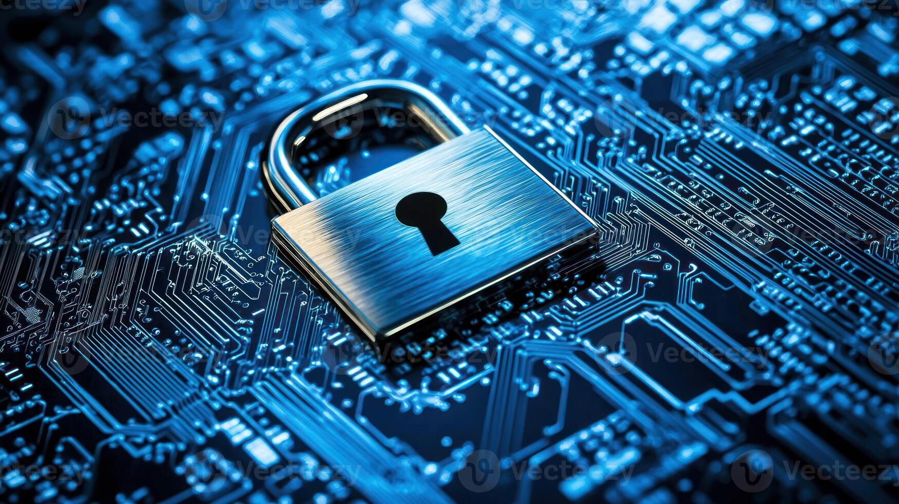 A padlock with a keyhole on a circuit board with a blue and black color scheme. photo