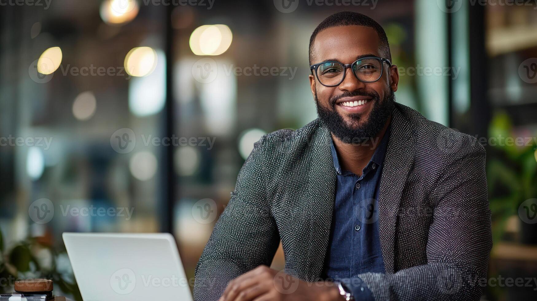 A smiling man with a beard and glasses, wearing a gray sweater, sitting at a desk with a laptop in a modern office setting. photo