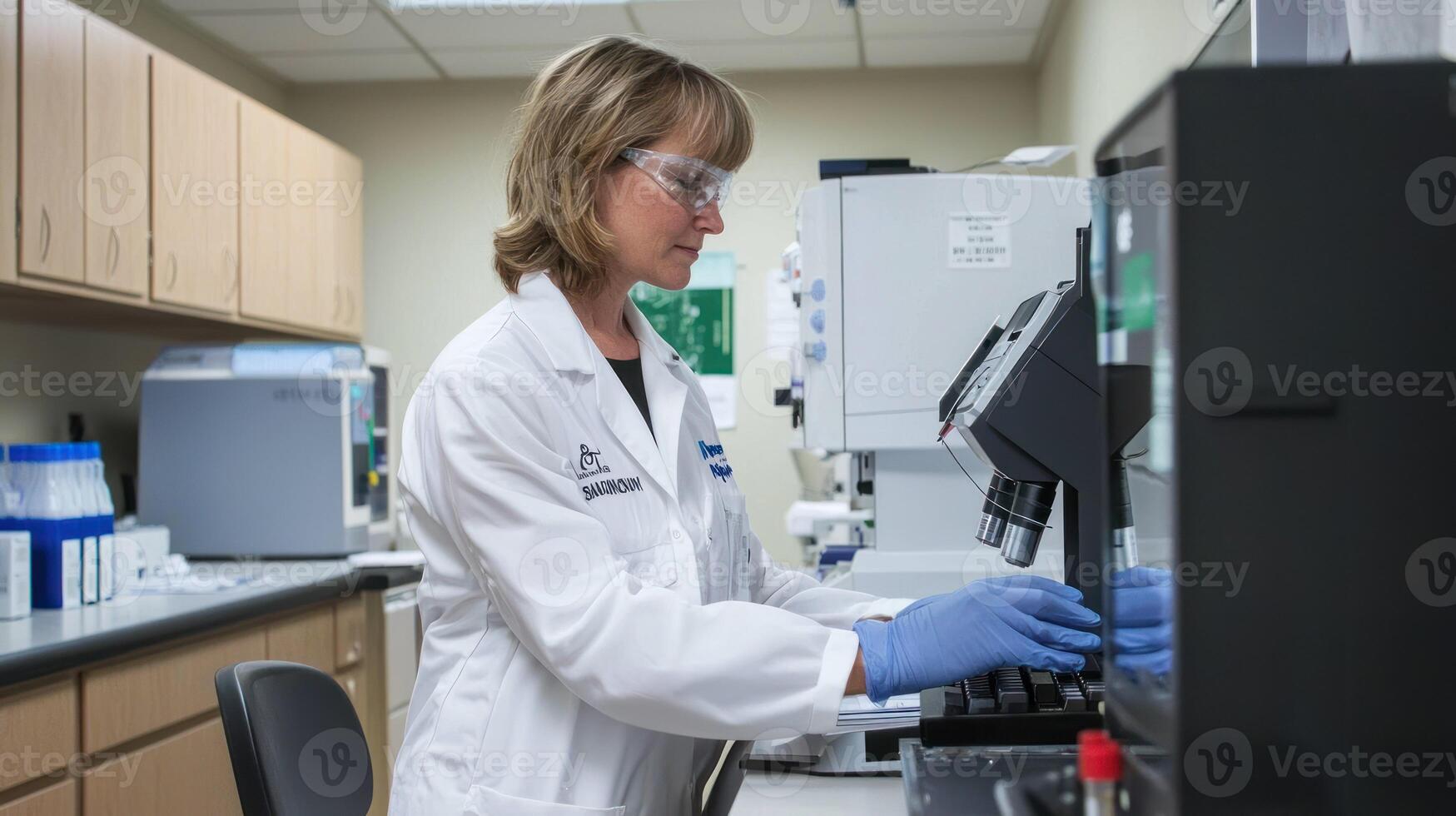 A woman in a lab coat working in a laboratory with a microscope and test tubes. photo