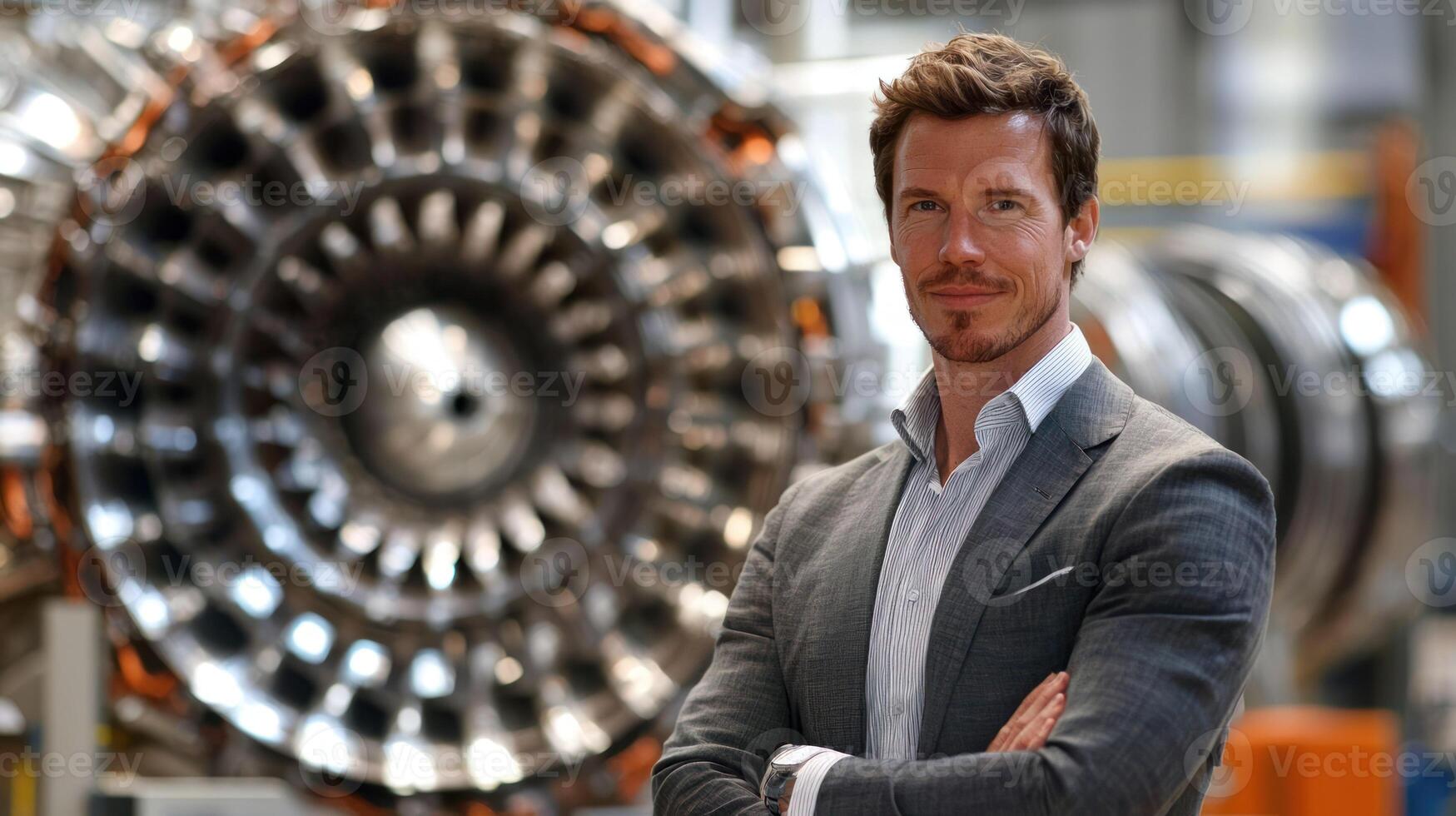 A man in a suit standing in front of a large, industrial engine in a factory setting. photo