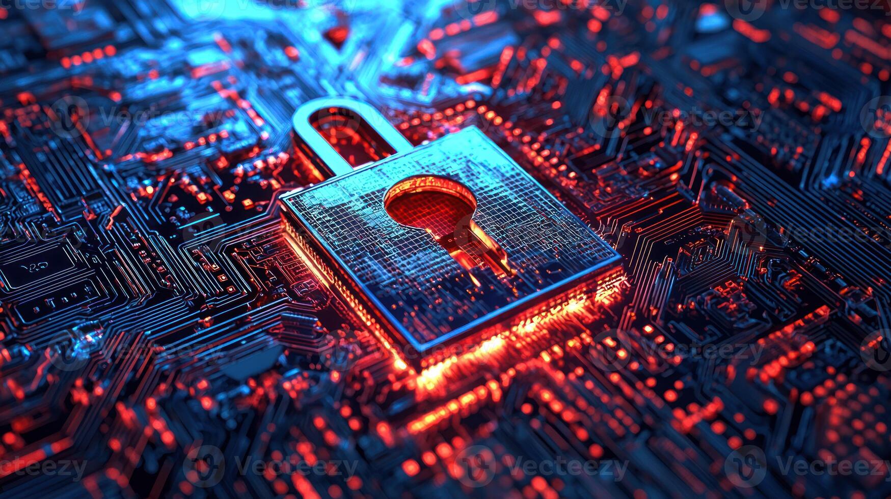 A padlock with a keyhole on a circuit board with glowing red and blue lights. photo