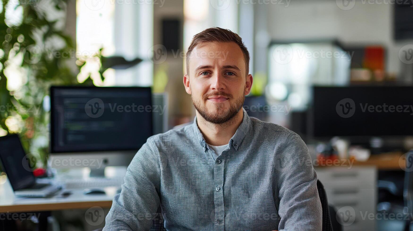 A young man with a beard, wearing a gray shirt, sitting at a desk in an office with a computer monitor and a plant in the background. photo