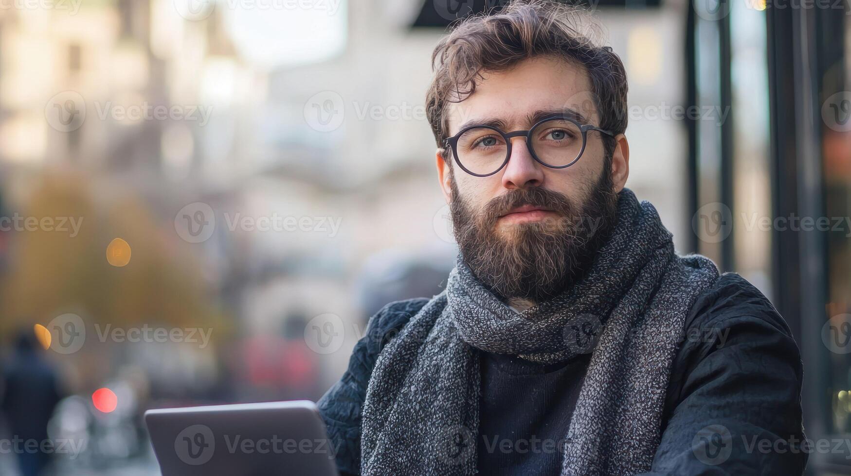 A man with a beard and glasses sitting outside a cafe, using a laptop. photo