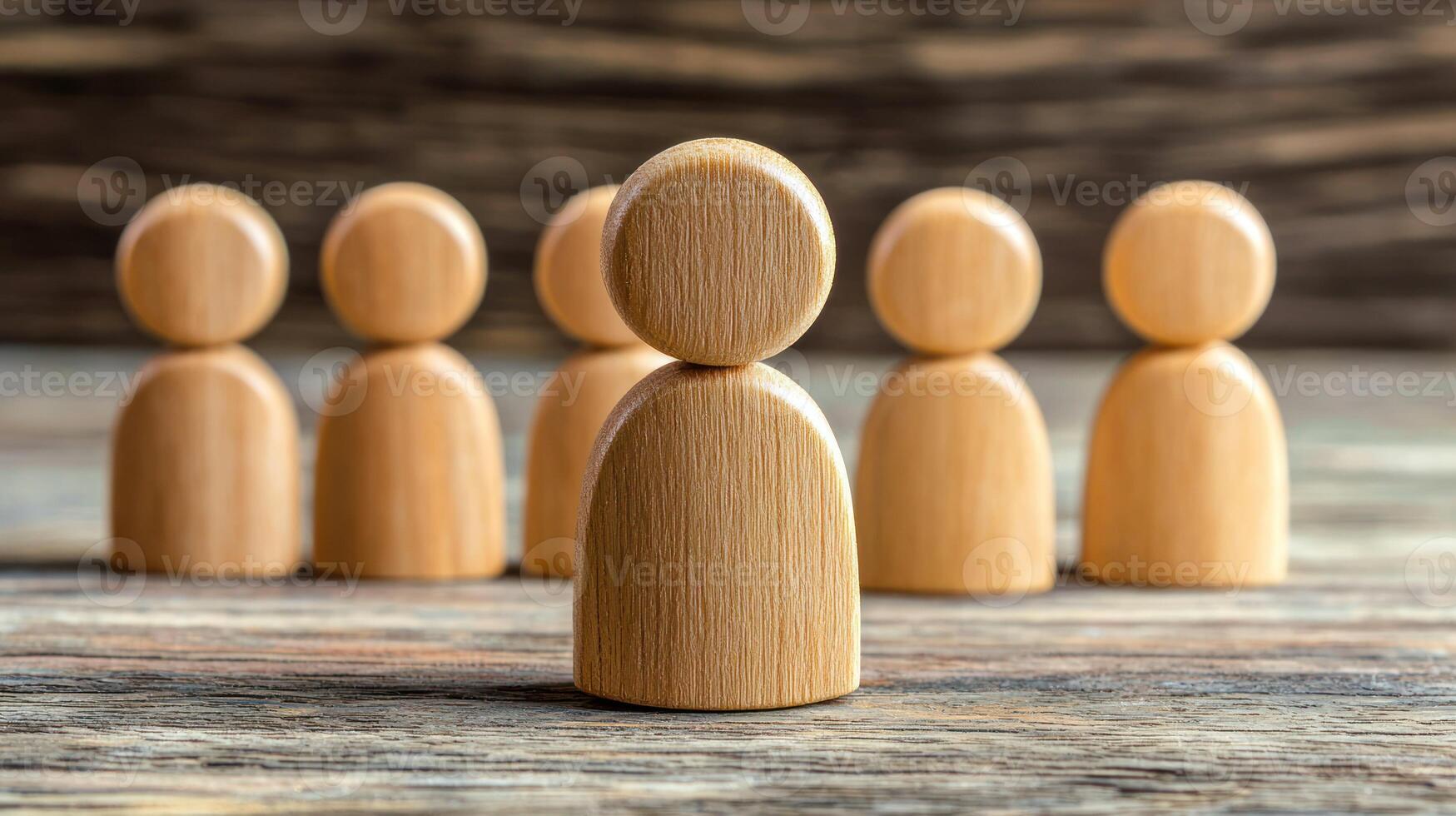 A wooden figure of a person standing out from a group of identical wooden figures, set against a wooden background with a rustic, wooden texture. photo