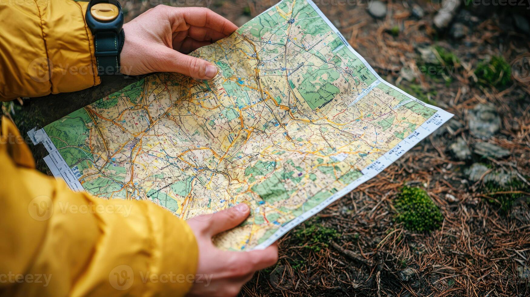 A person holding a map in a forest setting. photo