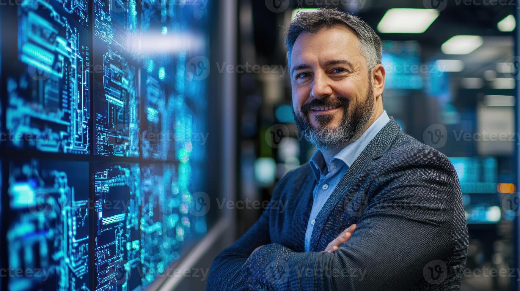 un hombre en un traje en pie en frente de un computadora monitor con un digital monitor demostración un circuito tablero. foto