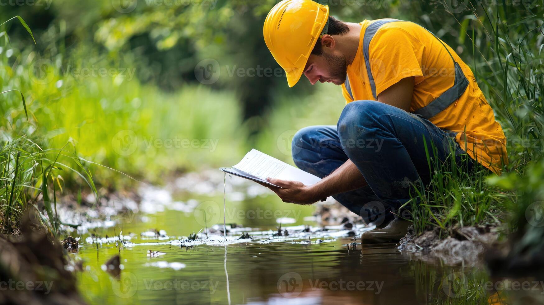 A man in a yellow hard hat and blue jeans crouching by a stream, holding a notebook and pen, observing water flowing through the stream. photo