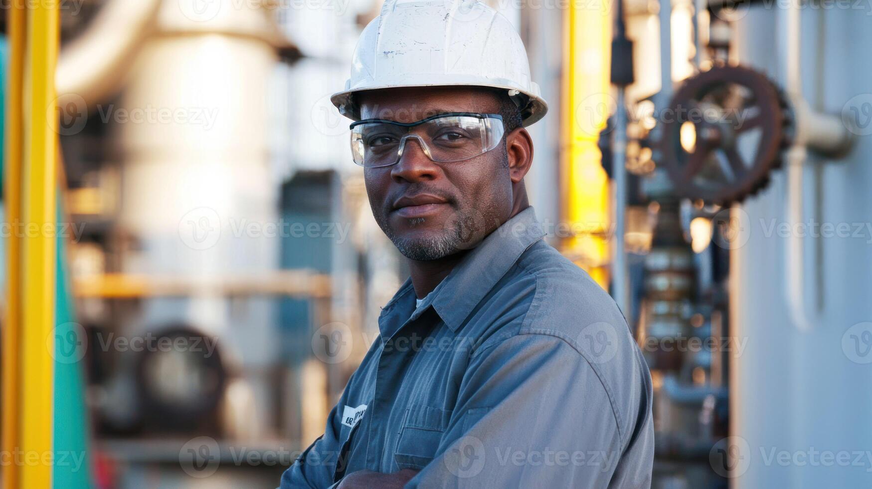 A man in a hard hat and safety glasses stands in front of a large industrial plant, wearing a blue shirt and gray pants, with a yellow and green industrial pipe in the background. photo