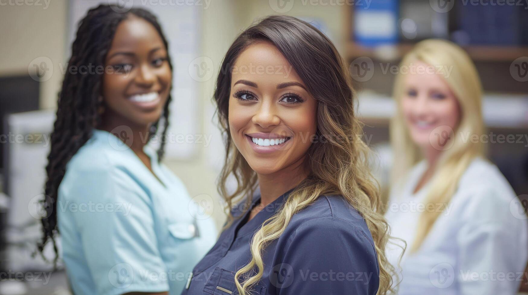 Three healthcare professionals in a medical office setting, smiling and looking at the camera. photo