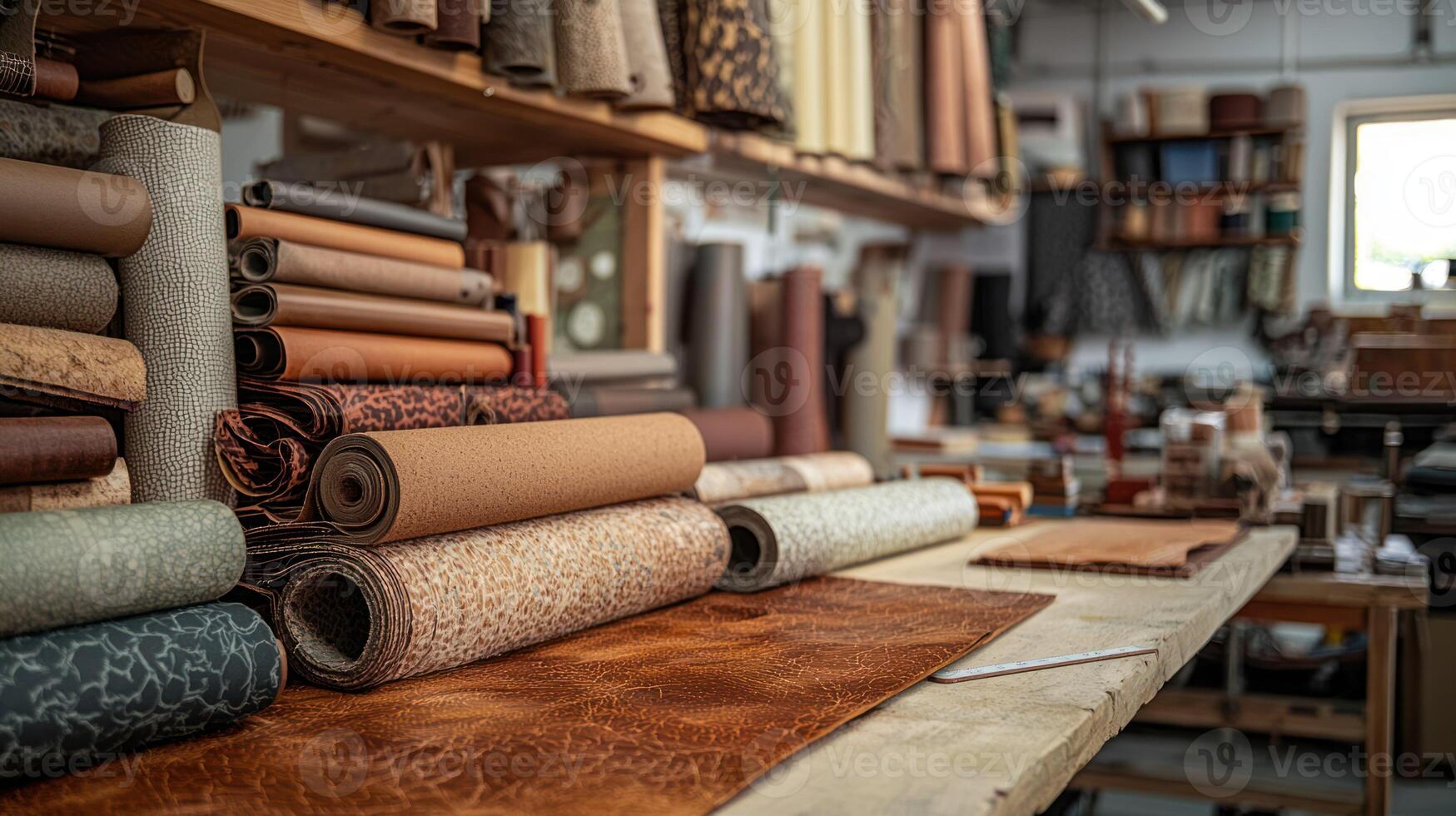 A leather workshop with various rolls of leather on shelves and a table, with a person working on a piece of leather. photo